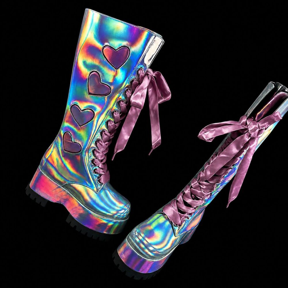 Club Exx Heart Attack Holographic Knee High Boots Womens Sz 9 Lace-Up Dolls Kill